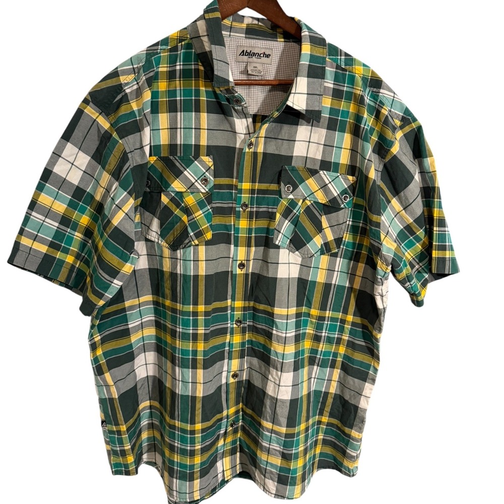 Ablanche Mens 3XL Green Yellow Plaid Short Sleeve Button Down Shirt Pockets